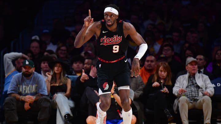 Jan 21, 2024; Los Angeles, California, USA; Portland Trail Blazers forward Jerami Grant (9) reacts after scoring a basket against the Los Angeles Lakers during the second half at Crypto.com Arena. Mandatory Credit: Gary A. Vasquez-USA TODAY Sports