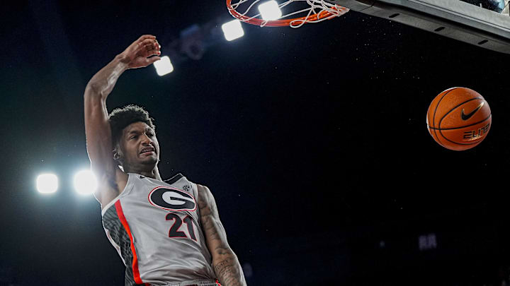 Nov 9, 2025; Athens, Georgia, USA; Georgia Bulldogs forward Jake Wilkins (21) dunks the ball against the Morehead State Eagles during the first half at Stegeman Coliseum. Nov 9, 2025; Athens, Georgia, USA; Georgia Bulldogs forward Jake Wilkins (21) dunks the ball against the Morehead State Eagles during the first half at Stegeman Coliseum.