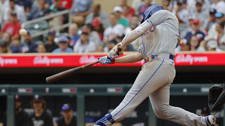 Sep 9, 2023; Minneapolis, Minnesota, USA; New York Mets first baseman Pete Alonso (20) hits a solo home run against the Minnesota Twins in the eighth inning at Target Field. Mandatory Credit: Bruce Kluckhohn-Imagn Images Sep 9, 2023; Minneapolis, Minnesota, USA; New York Mets first baseman Pete Alonso (20) hits a solo home run against the Minnesota Twins in the eighth inning at Target Field. Mandatory Credit: Bruce Kluckhohn-Imagn Images
