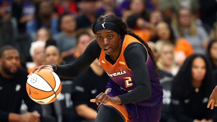 Aug 7, 2025; Phoenix, Arizona, USA; Phoenix Mercury guard Kahleah Copper (2) against the Indiana Fever during WNBA game at PHX Arena. Mandatory Credit: Mark J. Rebilas-Imagn Images
