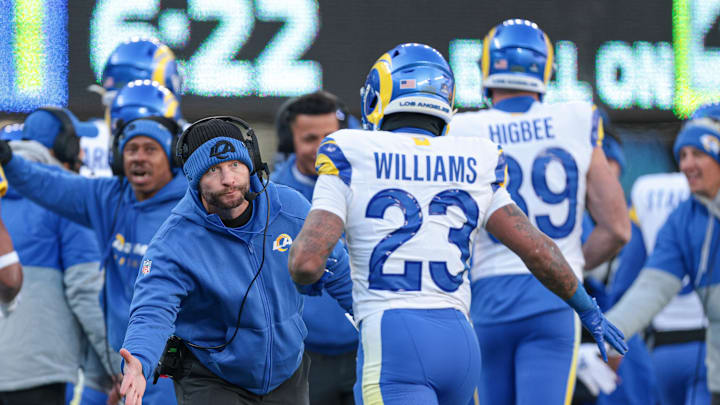 Dec 22, 2024; East Rutherford, New Jersey, USA; Los Angeles Rams head coach Sean McVay celebrates with running back Kyren Williams (23) after a rushing touchdown during the first half against the New York Jets at MetLife Stadium. Mandatory Credit: Vincent Carchietta-Imagn Images Dec 22, 2024; East Rutherford, New Jersey, USA; Los Angeles Rams head coach Sean McVay celebrates with running back Kyren Williams (23) after a rushing touchdown during the first half against the New York Jets at MetLife Stadium. Mandatory Credit: Vincent Carchietta-Imagn Images
