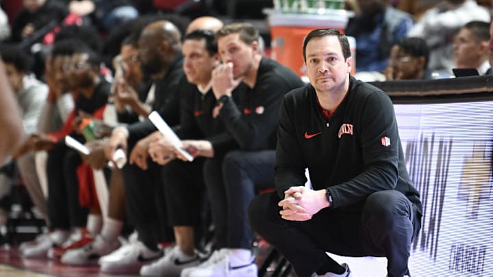 UNLV Rebels head coach Kevin Kruger looks down court against the Fresno State Bulldogs in the first half at Thomas & Mack Center. 