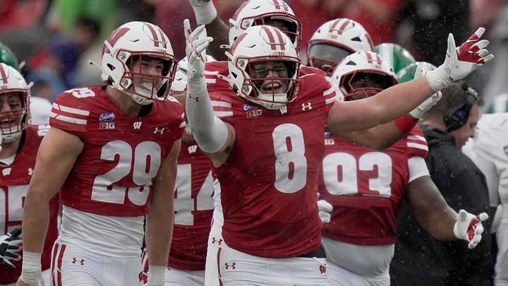 Wisconsin linebacker Mason Posa (8) celebrates his interception during the second quarter of their game against Eastern Michigan Saturday, Sept. 19, 2026 at Camp Randall Stadium in Madison, Wisconsin.