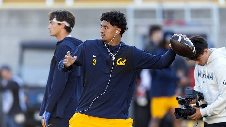 Sep 25, 2026; Berkeley, California, USA;  California Golden Bears quarterback Jaron-Keawe Sagapolutele (3) warms up before taking on the Clemson Tigers at California Memorial Stadium.  Mandatory Credit: D. Ross Cameron-Imagn Images