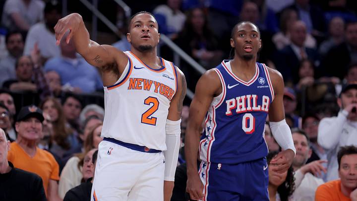 May 4, 2026; New York, New York, USA; New York Knicks guard Miles McBride (2) watches his three point shot against Philadelphia 76ers guard Tyrese Maxey (0) during the first quarter of game one of the eastern conference semifinal round of the 2026 NBA Playoffs at Madison Square Garden. Mandatory Credit: Brad Penner-Imagn Images