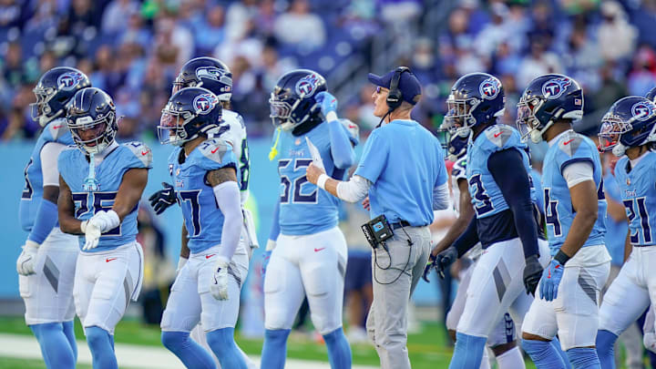 Tennessee Titans Special Teams coach John Fassel sends players to the field on fourth down during the third quarter against the Seattle Seahawks at Nissan Stadium in Nashville, Tenn., Sunday, Nov. 23, 2025.