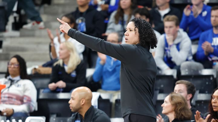 Nov 3, 2025; Paris, FRA;  Duke Blue Devils head coach Kara Lawson calls a play against the Baylor Bears during the first half at Adidas Arena. Mandatory Credit: Chris Jones-Imagn Images