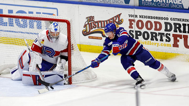 Rochester’s Zachery Metsa tries to score on a wraparound that is stopped by Laval goalie Cayden Primeau.