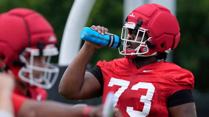 Georgia offensive lineman Juan Gaston (73) at the first day of fall practice in Athens, Georgia, on Thursday, July 31, 2025.