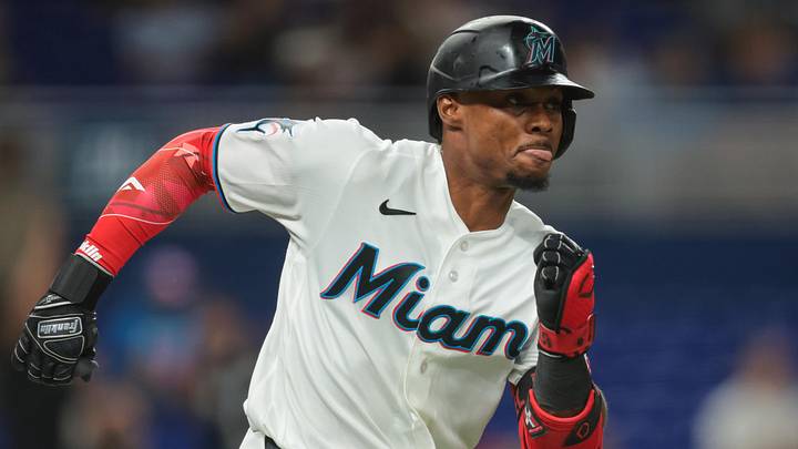 Jun 9, 2026; Miami, Florida, USA; Miami Marlins right fielder Esteury Ruiz (3) runs toward second base after hitting an RBI double against the Arizona Diamondbacks during the eighth inning at loanDepot Park. Mandatory Credit: Sam Navarro-Imagn Images Jun 9, 2026; Miami, Florida, USA; Miami Marlins right fielder Esteury Ruiz (3) runs toward second base after hitting an RBI double against the Arizona Diamondbacks during the eighth inning at loanDepot Park. Mandatory Credit: Sam Navarro-Imagn Images