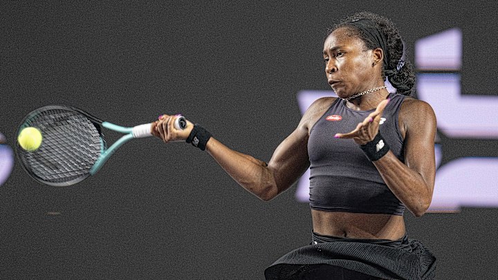 Nov 4, 2023; Cancun, Mexico; Coco Gauff (USA) returns a shot during her match against Jessica Pegula