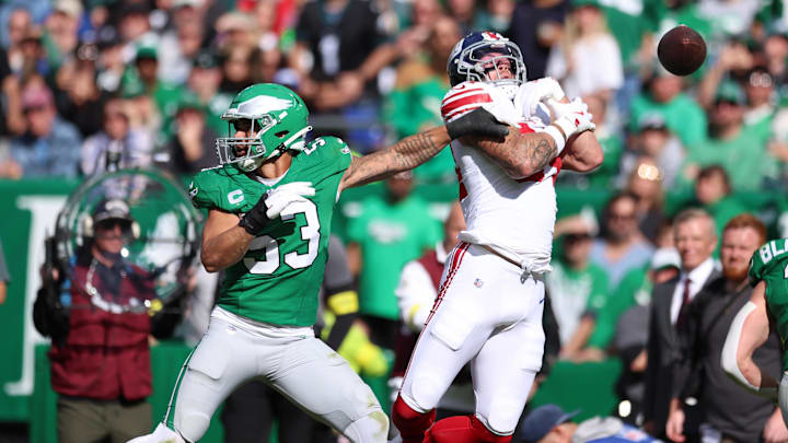 Oct 26, 2025; Philadelphia, Pennsylvania, USA; Philadelphia Eagles linebacker Zack Baun (53) breaks up a pass to New York Giants tight end Theo Johnson (84) in the second quarter at Lincoln Financial Field. Mandatory Credit: Bill Streicher-Imagn Images
