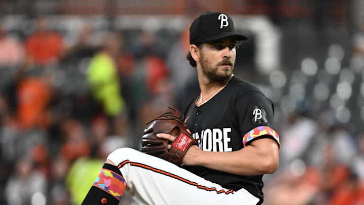 Sep 5, 2025; Baltimore, Maryland, USA;  Baltimore Orioles pitcher Dean Kremer (64) delivers a pitch during the first inning against the Los Angeles Dodgers at Oriole Park at Camden Yards. Mandatory Credit: James A. Pittman-Imagn Images