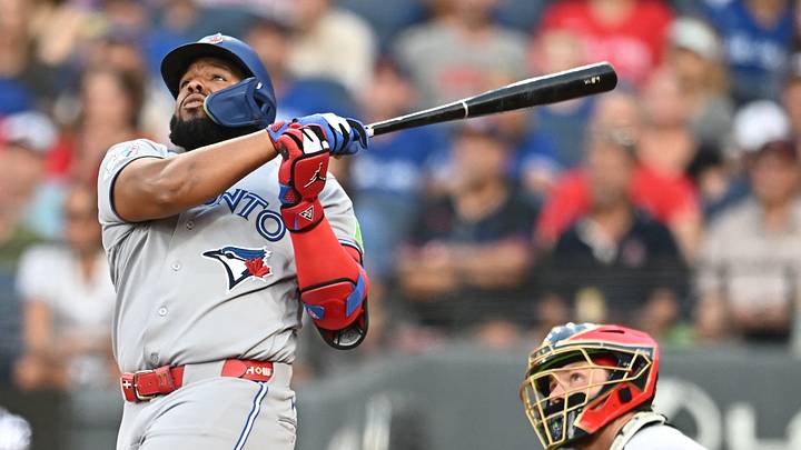 Sep 2, 2026; Cleveland, Ohio, USA; Toronto Blue Jays first baseman Vladimir Guerrero Jr. (27) hits a three-run home run during the second inning against the Cleveland Guardians at Progressive Field. Mandatory Credit: Ken Blaze-Imagn Images