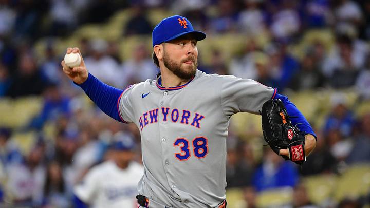 Jun 3, 2025; Los Angeles, California, USA; New York Mets pitcher Tylor Megill (38) throws a pitch against the Los Angeles Dodgers during the first inning at Dodger Stadium. Mandatory Credit: Gary A. Vasquez-Imagn Images