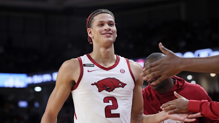 Dec 30, 2023; Fayetteville, Arkansas, USA; Arkansas Razorbacks forward Trevon Brazile (2) returns to the bench after a technical foul in the second half against the UNC Wilmington Seahawks at Bud Walton Arena. Mandatory Credit: Nelson Chenault-USA TODAY Sports