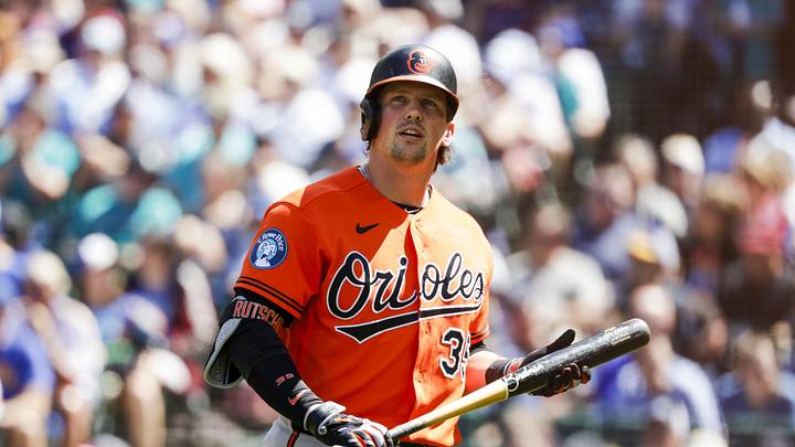 Jun 18, 2026; Seattle, Washington, USA; Baltimore Orioles designated hitter Adley Rutschman (35) reacts following a strikeout looking against the Seattle Mariners during the seventh inning at T-Mobile Park. Mandatory Credit: Joe Nicholson-Imagn Images