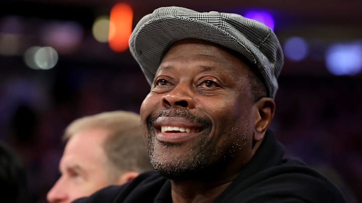 Apr 30, 2023; New York, New York, USA; New York Knicks former player Patrick Ewing watches during the second quarter of game one of the 2023 NBA Eastern Conference semifinal playoffs against the Miami Heat at Madison Square Garden. Mandatory Credit: Brad Penner-Imagn Images