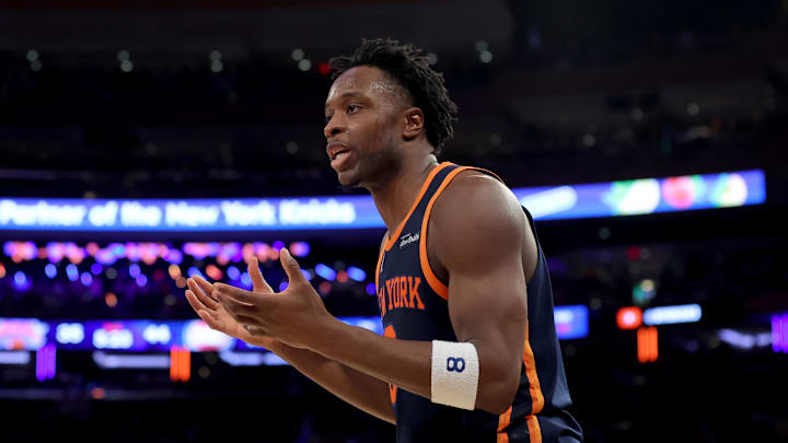 New York Knicks forward OG Anunoby reacts during the second quarter of game two of the first round. Mandatory Credit: Brad Penner-Imagn Images