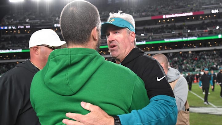 Nov 3, 2024; Philadelphia, Pennsylvania, USA; Philadelphia Eagles head coach Nick Sirianni and Jacksonville Jaguars head coach Doug Pederson meet on the field after game at Lincoln Financial Field. Mandatory Credit: Eric Hartline-Imagn Images