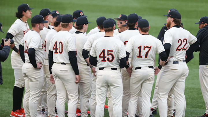 The Oregon State baseball team huddles before facing Xavier in an NCAA college baseball game at Goss Stadium on Friday, March 6, 2026, in Corvallis, Ore.