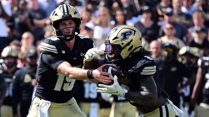 Sep 12, 2026; West Lafayette, Indiana, USA; Purdue Boilermakers quarterback Ryan Browne (15) hands the ball off to running back Fame Ijeboi (2) during the second half against the Wake Forest Demon Deacons at Ross-Ade Stadium. Mandatory Credit: Marc Lebryk-Imagn Images Sep 12, 2026; West Lafayette, Indiana, USA; Purdue Boilermakers quarterback Ryan Browne (15) hands the ball off to running back Fame Ijeboi (2) during the second half against the Wake Forest Demon Deacons at Ross-Ade Stadium. Mandatory Credit: Marc Lebryk-Imagn Images