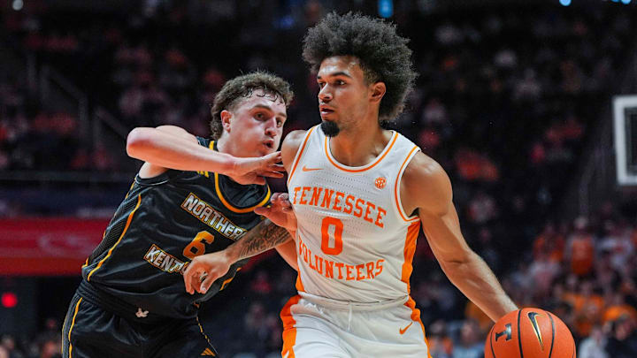 Northern Kentucky guard Ethan Elliott (6) gets his arm tangled in Tennessee guard Ja'Kobi Gillespie (0) during a NCAA basketball game between the Tennessee Volunteers and Northern Kentucky Norse at Thompson-Boling Arena at Food City Center on Nov. 8, 2025. Northern Kentucky guard Ethan Elliott (6) gets his arm tangled in Tennessee guard Ja'Kobi Gillespie (0) during a NCAA basketball game between the Tennessee Volunteers and Northern Kentucky Norse at Thompson-Boling Arena at Food City Center on Nov. 8, 2025.