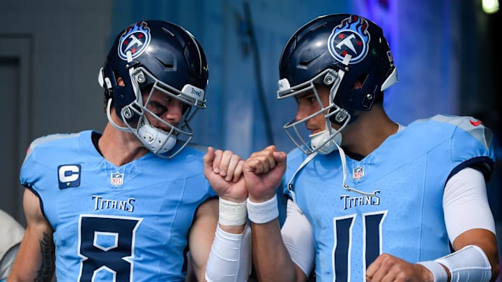 Sep 22, 2024; Nashville, Tennessee, USA; Tennessee Titans Will Levis (8) and quarterback Mason Rudolph (11) take the fieldagainst the Green Bay Packers during pregame warmups at Nissan Stadium. Mandatory Credit: Steve Roberts-Imagn Images Sep 22, 2024; Nashville, Tennessee, USA; Tennessee Titans Will Levis (8) and quarterback Mason Rudolph (11) take the fieldagainst the Green Bay Packers during pregame warmups at Nissan Stadium. Mandatory Credit: Steve Roberts-Imagn Images