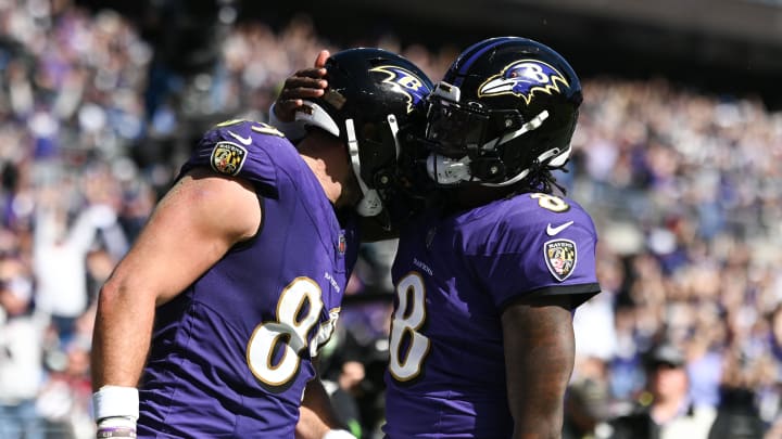 Oct 22, 2023; Baltimore, Maryland, USA; Baltimore Ravens tight end Mark Andrews (89) celebrates with quarterback Lamar Jackson (8) after socking a \2aq\touchdown  against the Detroit Lions  at M&T Bank Stadium. Mandatory Credit: Tommy Gilligan-USA TODAY Sports