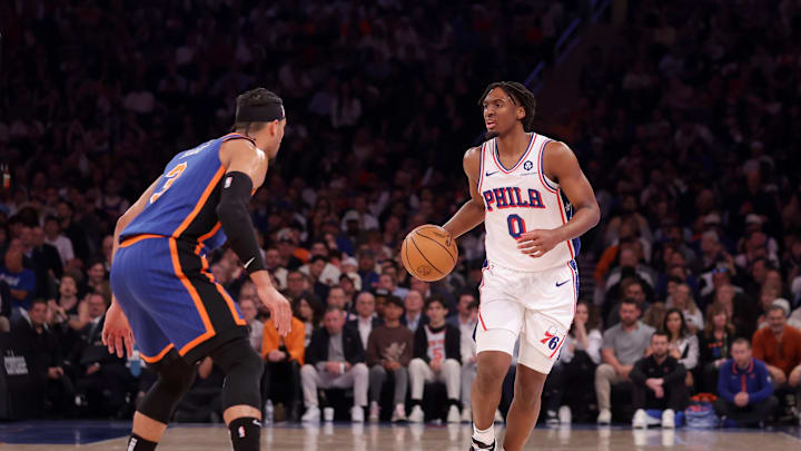 Apr 30, 2024; New York, New York, USA; Philadelphia 76ers guard Tyrese Maxey (0) brings the ball up
