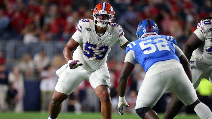 Nov 15, 2025; Oxford, Mississippi, USA; Florida Gators offensive lineman Bryce Lovett (53) blocks during the second quarter against the Mississippi Rebels at Vaught-Hemingway Stadium. Mandatory Credit: Petre Thomas-Imagn Images