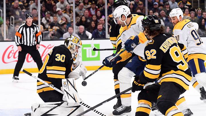 Oct 22, 2026; Boston, Massachusetts, USA; Boston Bruins goaltender Michael DiPietro (30) makes a save during the second period against the Nashville Predators at TD Garden. Mandatory Credit: Bob DeChiara-Imagn Images Oct 22, 2026; Boston, Massachusetts, USA; Boston Bruins goaltender Michael DiPietro (30) makes a save during the second period against the Nashville Predators at TD Garden. Mandatory Credit: Bob DeChiara-Imagn Images