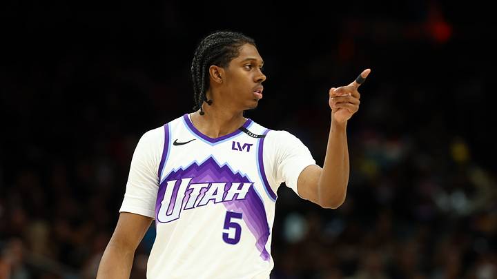 Mar 28, 2026; Phoenix, Arizona, USA; Utah Jazz forward Cody Williams (5) against the Phoenix Suns at Mortgage Matchup Center. Mandatory Credit: Mark J. Rebilas-Imagn Images