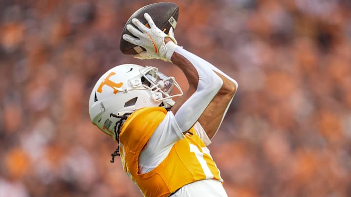 Tennessee wide receiver Chris Brazzell II (17) catches the ball in the end zone for a touchdown during a NCAA football game between Tennessee and Vanderbilt at Neyland Stadium in Knoxville, Tenn., on Nov. 29, 2025.
