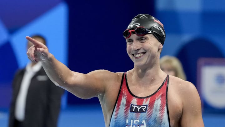 Aug 3, 2024; Nanterre, France; Katie Ledecky (USA) in the women’s 800-meter freestyle final during the Paris 2024 Olympic Summer Games at Paris La Défense Arena. Mandatory Credit: Grace Hollars-USA TODAY Sports Aug 3, 2024; Nanterre, France; Katie Ledecky (USA) in the women’s 800-meter freestyle final during the Paris 2024 Olympic Summer Games at Paris La Défense Arena. Mandatory Credit: Grace Hollars-USA TODAY Sports