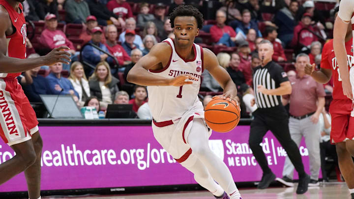 Dec 7, 2025; Stanford, California, USA;  Stanford Cardinal guard Ebuka Okorie (1) dribbles to the basket against the UNLV Runnin' Rebels in the first half at Maples Pavilion. Mandatory Credit: David Gonzales-Imagn Images