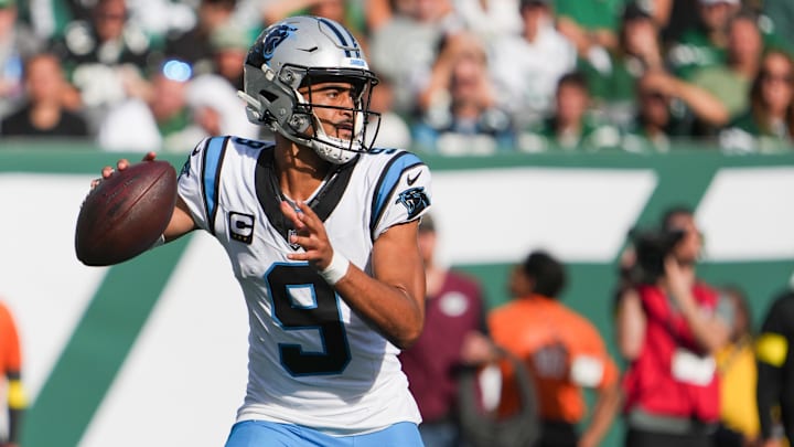 Oct 19, 2025; East Rutherford, New Jersey, USA; Carolina Panthers quarterback Bryce Young (9) throws the ball in the third quarter against the New York Jets at MetLife Stadium. Mandatory Credit: Robert Deutsch-Imagn Images