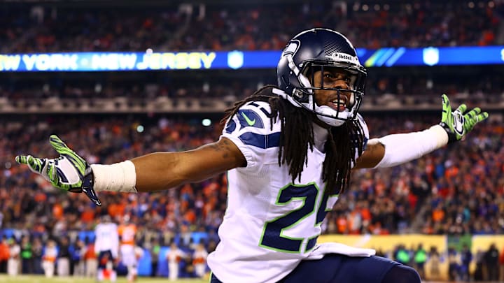 Feb 2, 2014; East Rutherford, NJ, USA; Seattle Seahawks cornerback Richard Sherman (25) reacts during the third quarter against the Denver Broncos in Super Bowl XLVIII at MetLife Stadium.  Mandatory Credit: Mark J. Rebilas-Imagn Images