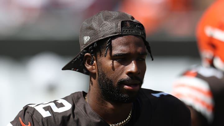 Sep 7, 2025; Cleveland, Ohio, USA; Cleveland Browns quarterback Shedeur Sanders (12) before a game against the Cincinnati Bengals at Huntington Bank Field. Mandatory Credit: Scott Galvin-Imagn Images