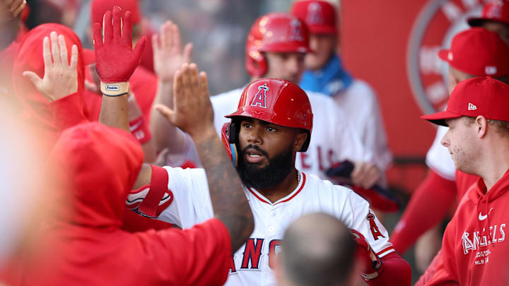 Jun 28, 2024; Anaheim, California, USA; Los Angeles Angels third baseman Luis Rengifo (2) is greeted by teammates after hitting a two-run home run during the first inning against the Detroit Tigers at Angel Stadium. Mandatory Credit: Kiyoshi Mio-Imagn Images Jun 28, 2024; Anaheim, California, USA; Los Angeles Angels third baseman Luis Rengifo (2) is greeted by teammates after hitting a two-run home run during the first inning against the Detroit Tigers at Angel Stadium. Mandatory Credit: Kiyoshi Mio-Imagn Images