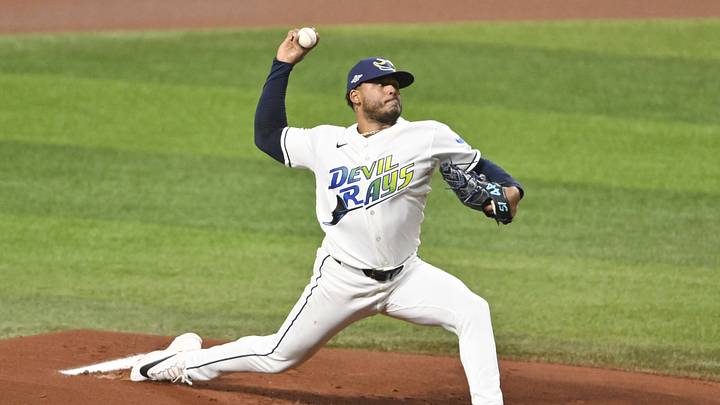 Oct 19, 2026; St. Petersburg, Florida, USA; Tampa Bay Rays pitcher Freddy Peralta (51) pitches against the Cleveland Guardians during the first inning in game six of the ALCS for the 2026 MLB Playoffs at Tropicana Field. Mandatory Credit: Pablo Robles-Imagn Images Oct 19, 2026; St. Petersburg, Florida, USA; Tampa Bay Rays pitcher Freddy Peralta (51) pitches against the Cleveland Guardians during the first inning in game six of the ALCS for the 2026 MLB Playoffs at Tropicana Field. Mandatory Credit: Pablo Robles-Imagn Images