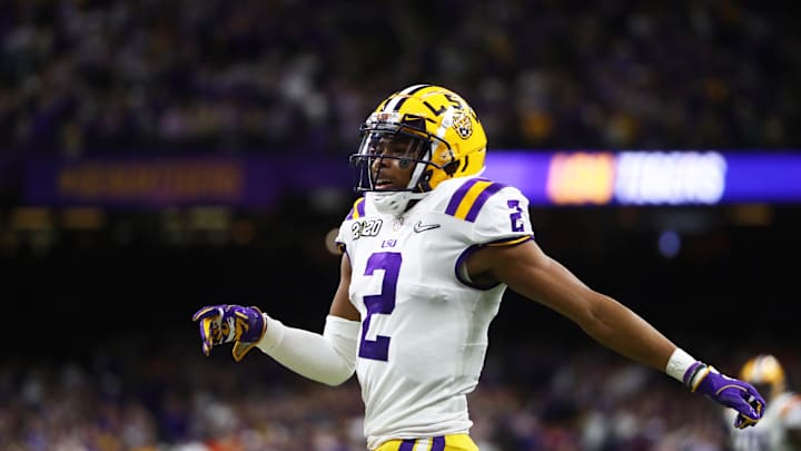 Jan 13, 2020; New Orleans, Louisiana, USA; LSU Tigers wide receiver Justin Jefferson (2) against the Clemson Tigers in the College Football Playoff national championship game at Mercedes-Benz Superdome. Mandatory Credit: Mark J. Rebilas-Imagn Images