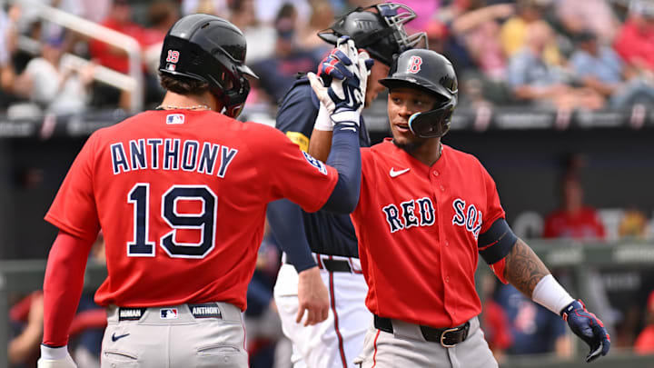 Feb 27, 2026; North Port, Florida, USA; Boston Red Sox center fielder Ceddanne Rafaela (3) celebrates with left fielder Roman Anthony (19) after hitting a two-run home run in the third inning against the Atlanta Braves during spring training at CoolToday Park. Mandatory Credit: Jonathan Dyer-Imagn Images