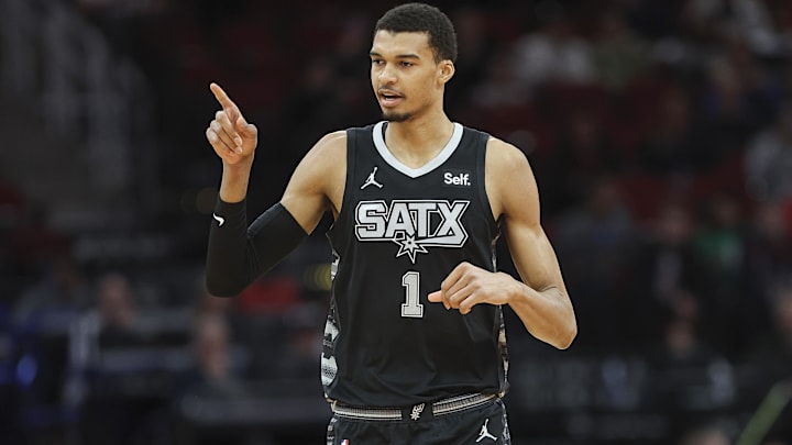 Dec 11, 2023; Houston, Texas, USA; San Antonio Spurs center Victor Wembanyama (1) reacts