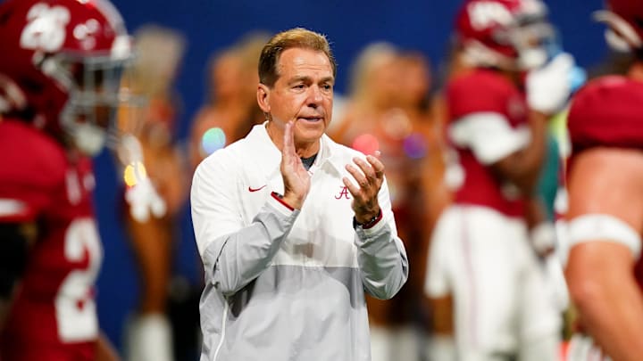 Dec 2, 2023; Atlanta, GA, USA; Alabama Crimson Tide head coach Nick Saban looks on before the SEC