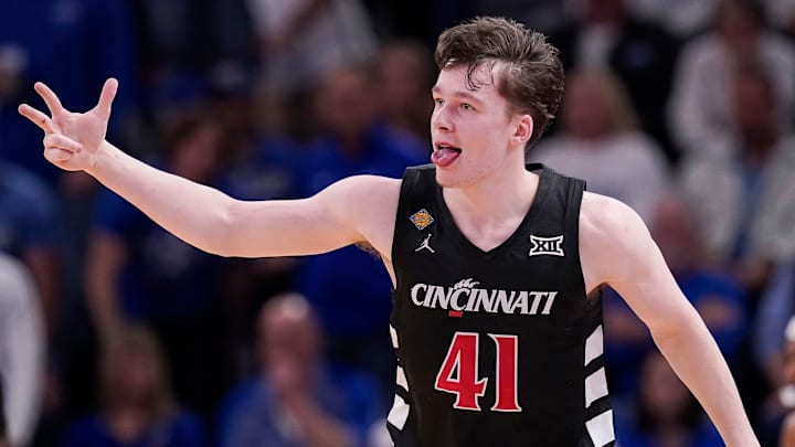 Cincinnati Bearcats guard Simas Lukosius (41) reacts after scoring a three-point basket Tuesday, March 26, 2024, during the quarterfinals of the NIT at the Hulman Center in Terre Haute. The Indiana State Sycamores defeated the Cincinnati Bearcats, 85-81. Cincinnati Bearcats guard Simas Lukosius (41) reacts after scoring a three-point basket Tuesday, March 26, 2024, during the quarterfinals of the NIT at the Hulman Center in Terre Haute. The Indiana State Sycamores defeated the Cincinnati Bearcats, 85-81.