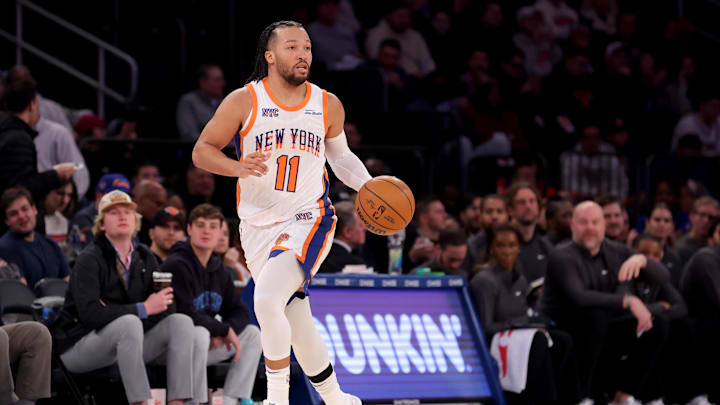 New York Knicks guard Jalen Brunson brings the ball up court against the Oklahoma City Thunder. Mandatory Credit: Brad Penner-Imagn Images