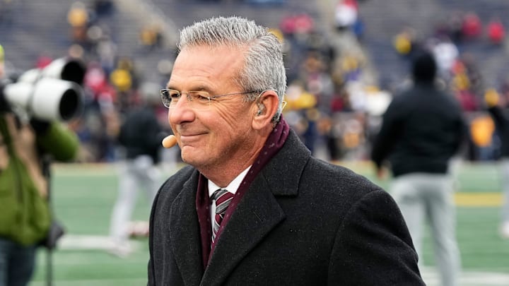 Former Ohio State Buckeyes head coach Urban Meyer broadcasts on Fox's Big Noon Kickoff prior to the NCAA football game between the Buckeyes and the Michigan Wolverines at Michigan Stadium
