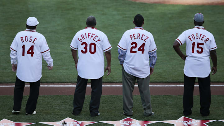 June 24, 2016: Pete Rose, Ken Griffey Sr., Tony Perez and George Foster watch a video about the 1976 Reds during pregame ceremonies before the game between the San Diego Padres and Cincinnati Reds at Great American Ball Park in Cincinnati.