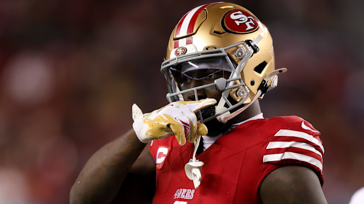 Former San Francisco 49ers wide receiver Deebo Samuel Sr. (1) celebrates after a play during the first quarter against the Detroit Lions at Levi's Stadium.